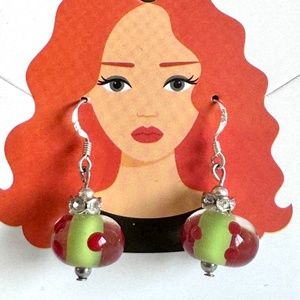 Red and Green Murano Glass Flat Round Silver 9.25 Silver Hook Earrings Item #305
